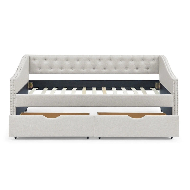 Cama Diván Individual Tapizada en Lino Negro con 2 Cajones y Respaldo Capitaneado, 1 Persona