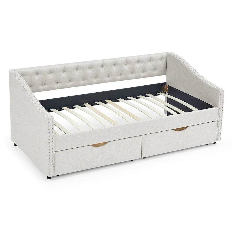 Cama Diván Individual Tapizada en Lino Negro con 2 Cajones y Respaldo Capitaneado, 1 Persona