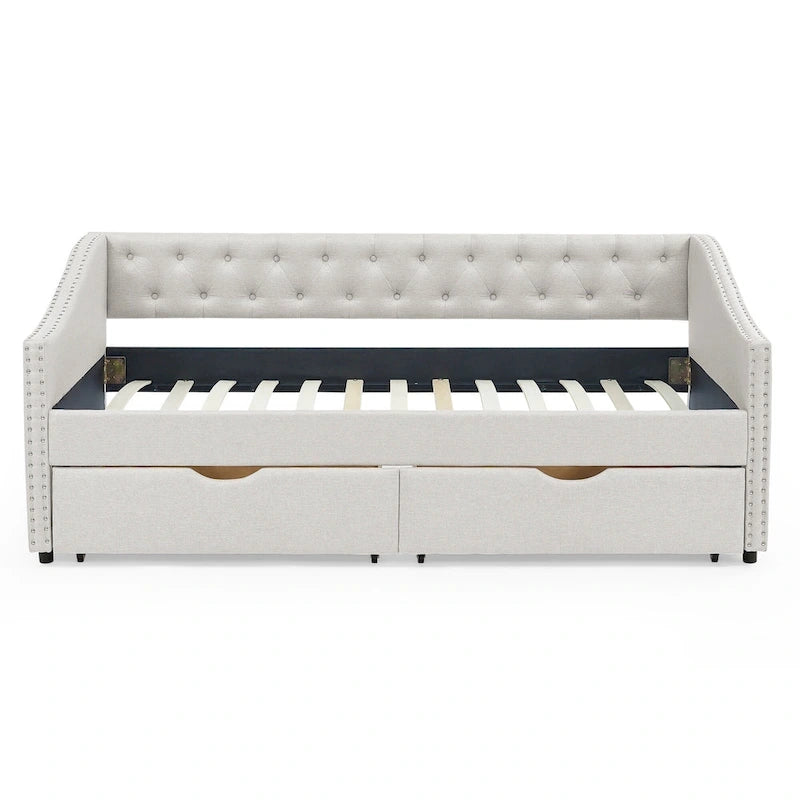 Cama Diván Individual Tapizada en Lino Negro con 2 Cajones y Respaldo Capitaneado, 1 Persona