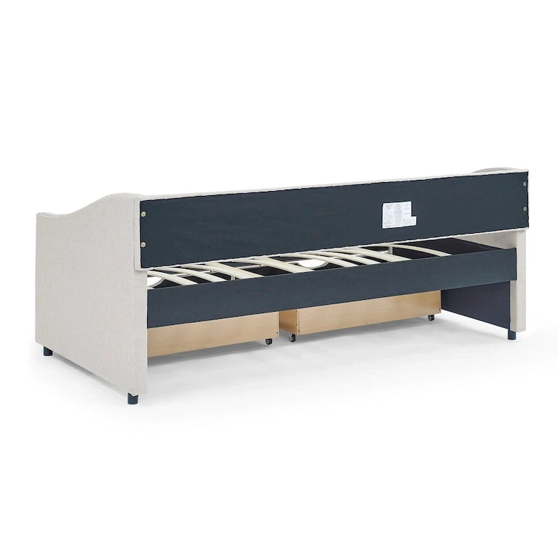 Cama Diván Individual Tapizada en Lino Negro con 2 Cajones y Respaldo Capitaneado, 1 Persona
