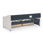 Cama Diván Individual Tapizada en Lino Negro con 2 Cajones y Respaldo Capitaneado, 1 Persona