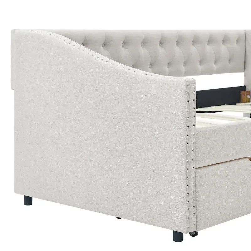 Cama Diván Individual Tapizada en Lino Negro con 2 Cajones y Respaldo Capitaneado, 1 Persona
