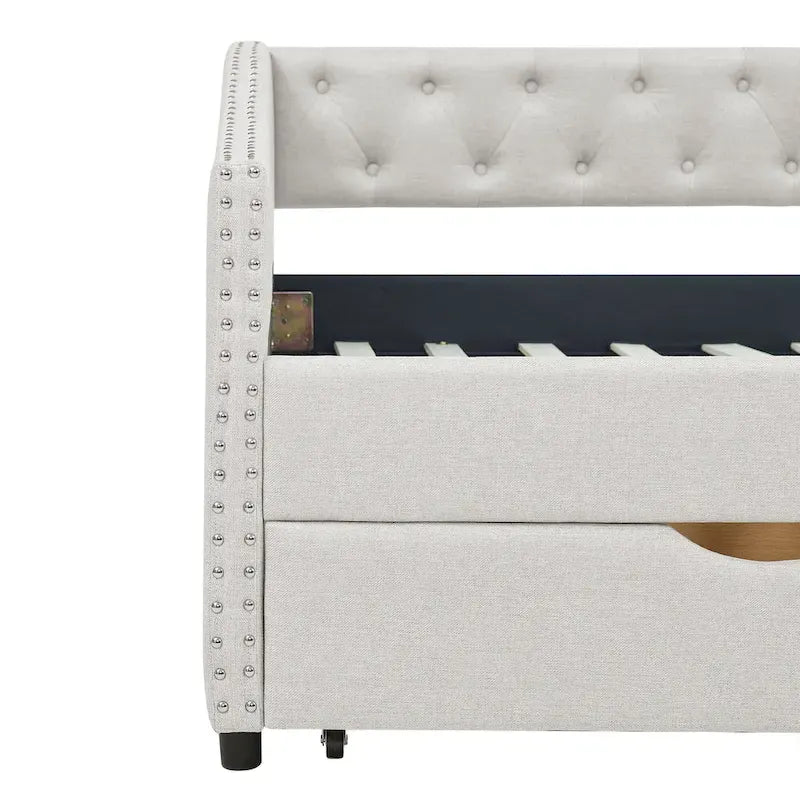 Cama Diván Individual Tapizada en Lino Negro con 2 Cajones y Respaldo Capitaneado, 1 Persona