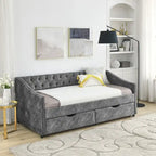 Cama Diván Individual Tapizada en Lino Negro con 2 Cajones y Respaldo Capitaneado, 1 Persona