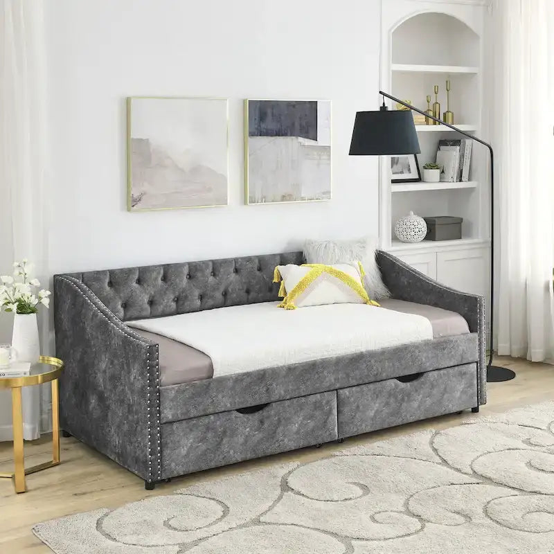 Cama Diván Individual Tapizada en Lino Negro con 2 Cajones y Respaldo Capitaneado, 1 Persona