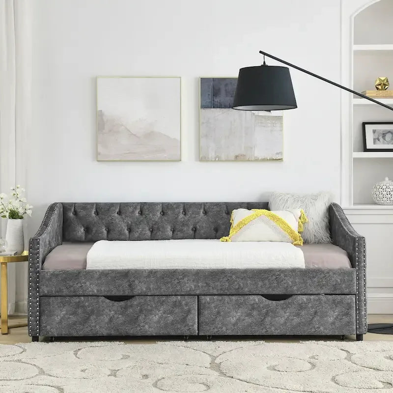 Cama Diván Individual Tapizada en Lino Negro con 2 Cajones y Respaldo Capitaneado, 1 Persona