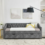 Cama Diván Individual Tapizada en Lino Negro con 2 Cajones y Respaldo Capitaneado, 1 Persona