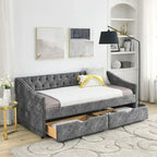 Cama Diván Individual Tapizada en Lino Negro con 2 Cajones y Respaldo Capitaneado, 1 Persona