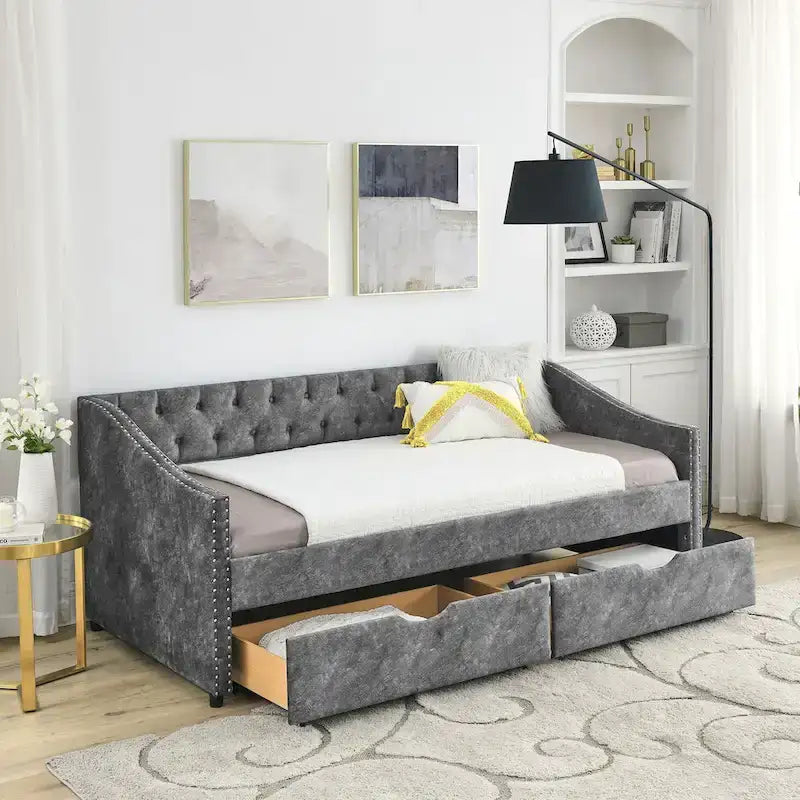 Cama Diván Individual Tapizada en Lino Negro con 2 Cajones y Respaldo Capitaneado, 1 Persona