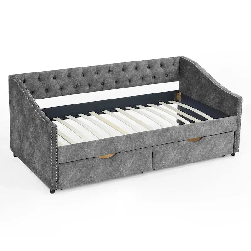 Cama Diván Individual Tapizada en Lino Negro con 2 Cajones y Respaldo Capitaneado, 1 Persona
