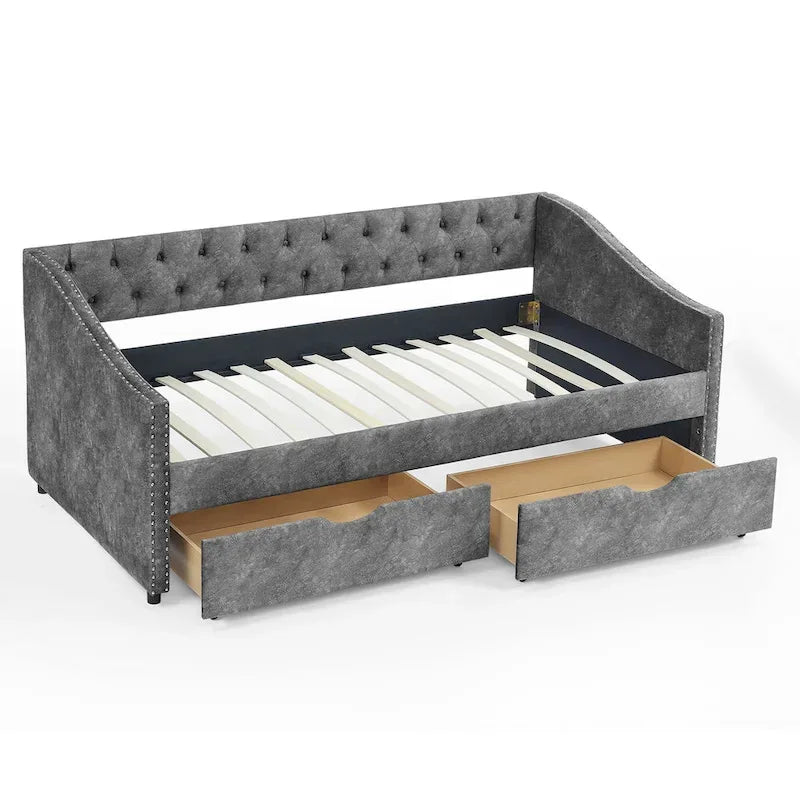 Cama Diván Individual Tapizada en Lino Negro con 2 Cajones y Respaldo Capitaneado, 1 Persona