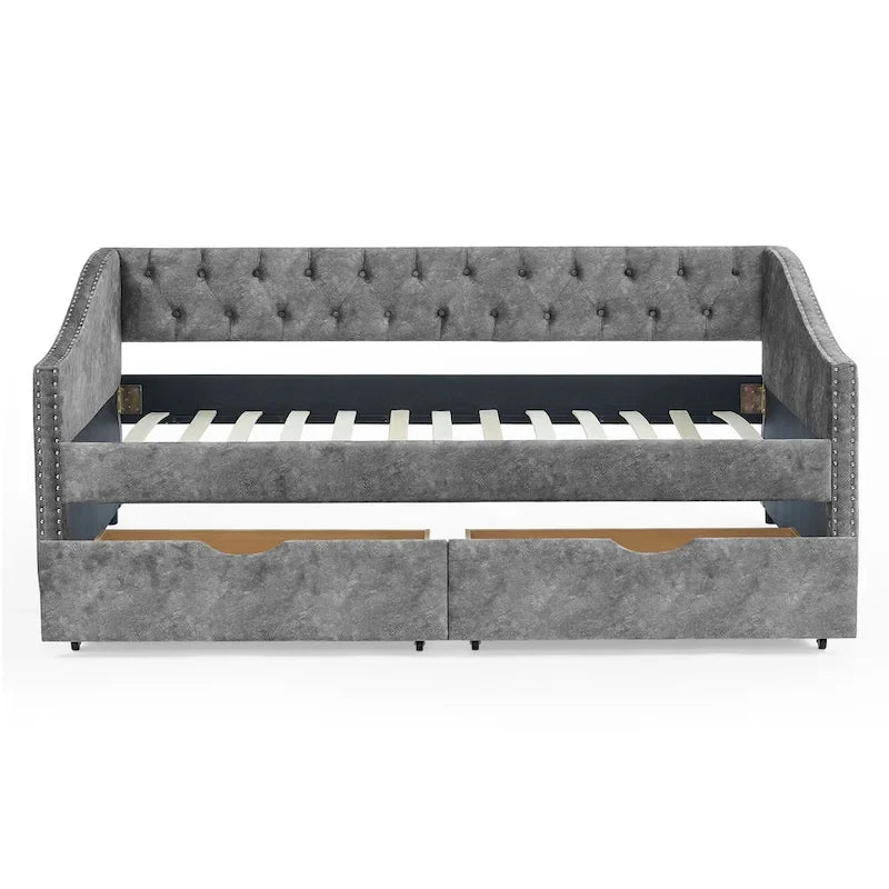 Cama Diván Individual Tapizada en Lino Negro con 2 Cajones y Respaldo Capitaneado, 1 Persona