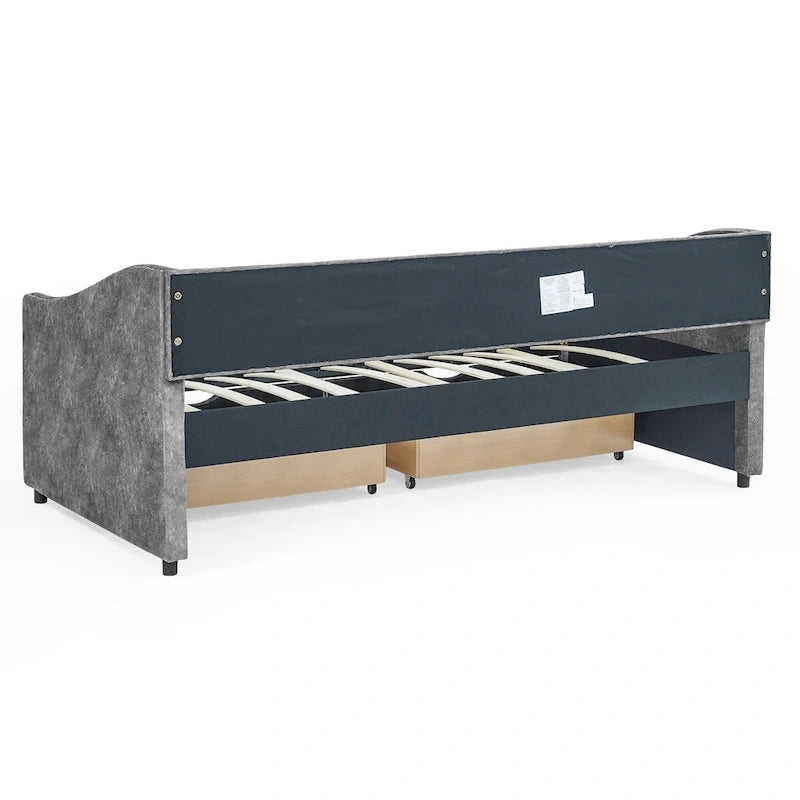 Cama Diván Individual Tapizada en Lino Negro con 2 Cajones y Respaldo Capitaneado, 1 Persona
