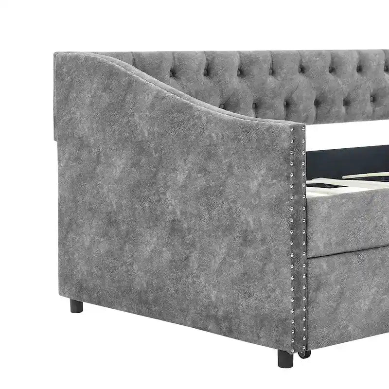 Cama Diván Individual Tapizada en Lino Negro con 2 Cajones y Respaldo Capitaneado, 1 Persona