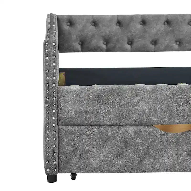Cama Diván Individual Tapizada en Lino Negro con 2 Cajones y Respaldo Capitaneado, 1 Persona