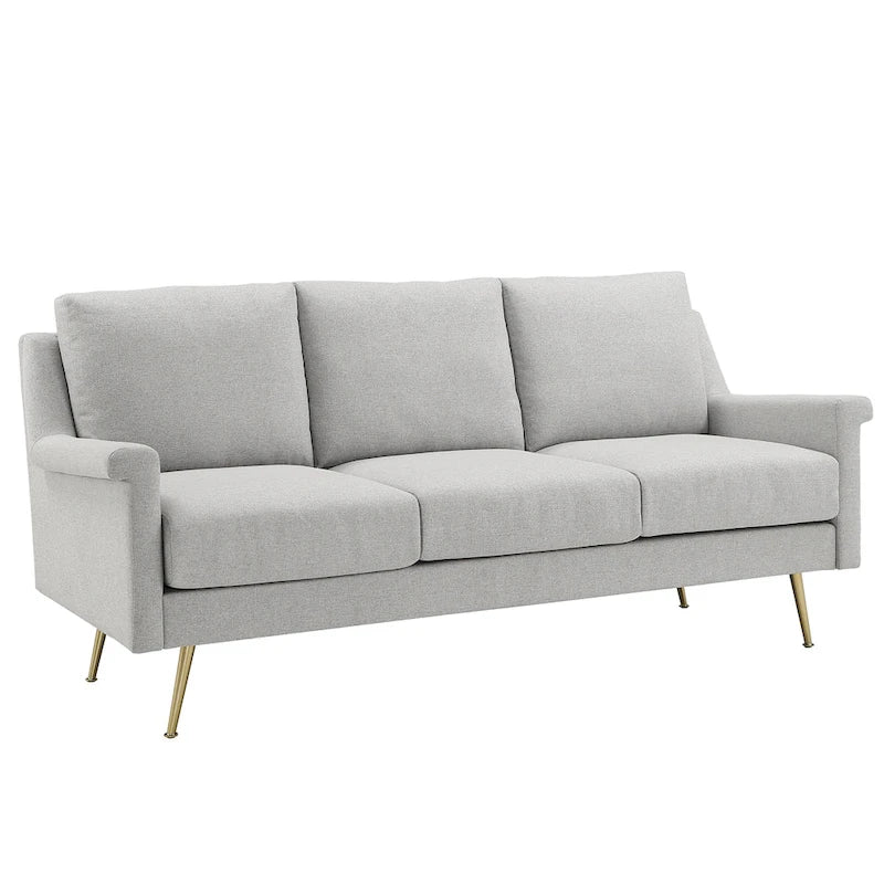 Sofá de tela gris con patas de metal dorado – 3 plazas