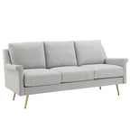 Sofá de tela gris con patas de metal dorado – 3 plazas