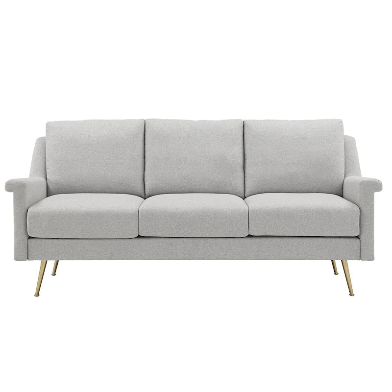 Sofá de tela gris con patas de metal dorado – 3 plazas