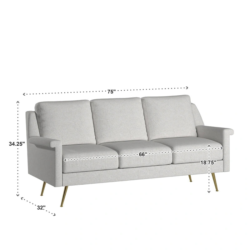 Sofá de tela gris con patas de metal dorado – 3 plazas