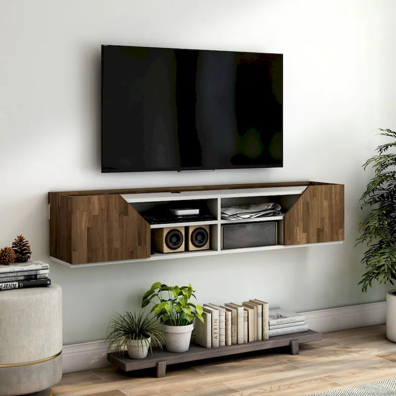 Mueble de TV flotante blanco de dos tonos con 4 estantes, 155 cm de ancho, capacidad para 1 TV