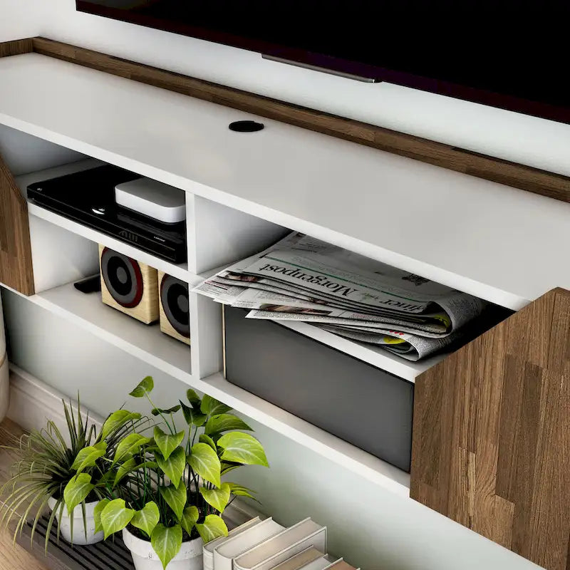 Mueble de TV flotante blanco de dos tonos con 4 estantes, 155 cm de ancho, capacidad para 1 TV