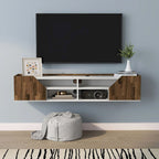 Mueble de TV flotante blanco de dos tonos con 4 estantes, 155 cm de ancho, capacidad para 1 TV