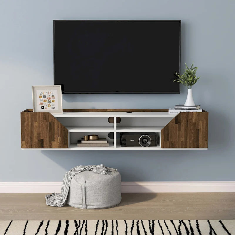 Mueble de TV flotante blanco de dos tonos con 4 estantes, 155 cm de ancho, capacidad para 1 TV