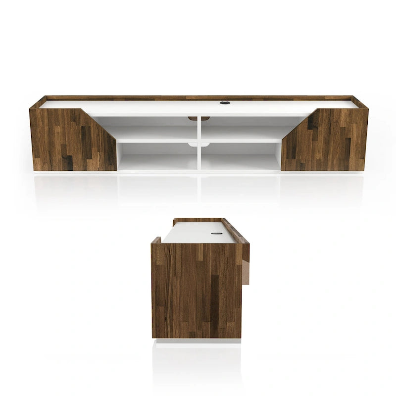 Mueble de TV flotante blanco de dos tonos con 4 estantes, 155 cm de ancho, capacidad para 1 TV