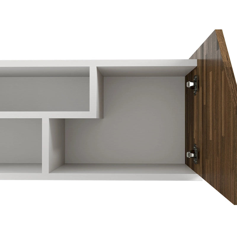 Mueble de TV flotante blanco de dos tonos con 4 estantes, 155 cm de ancho, capacidad para 1 TV
