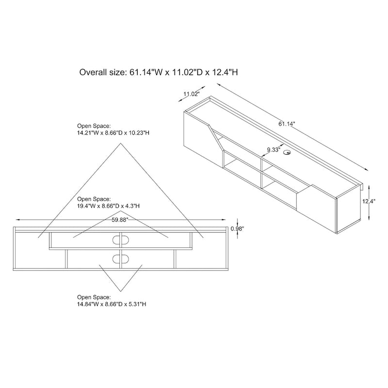 Mueble de TV flotante blanco de dos tonos con 4 estantes, 155 cm de ancho, capacidad para 1 TV