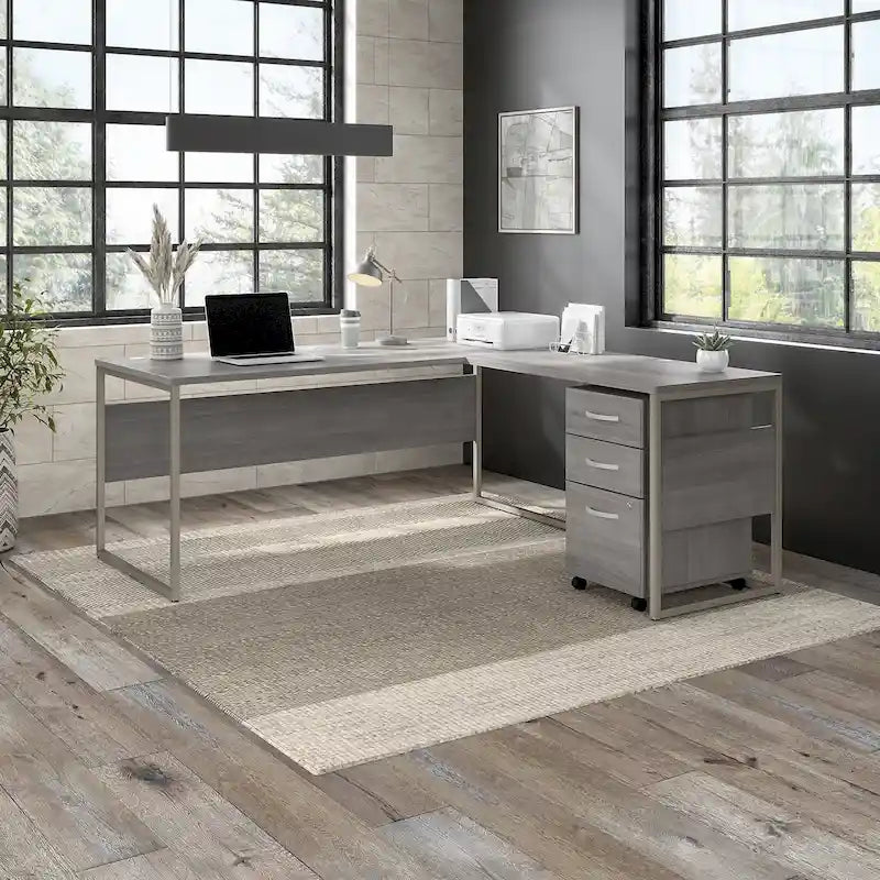 Escritorio en L con archivador de 3 cajones, 72W, 1 persona – Gris platino / Blanco / Gris tormenta / Nogal americano moderno / Nogal negro