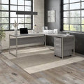 Escritorio en L con archivador de 3 cajones, 72W, 1 persona – Gris platino / Blanco / Gris tormenta / Nogal americano moderno / Nogal negro