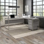 Escritorio en L con archivador de 3 cajones, 72W, 1 persona – Gris platino / Blanco / Gris tormenta / Nogal americano moderno / Nogal negro