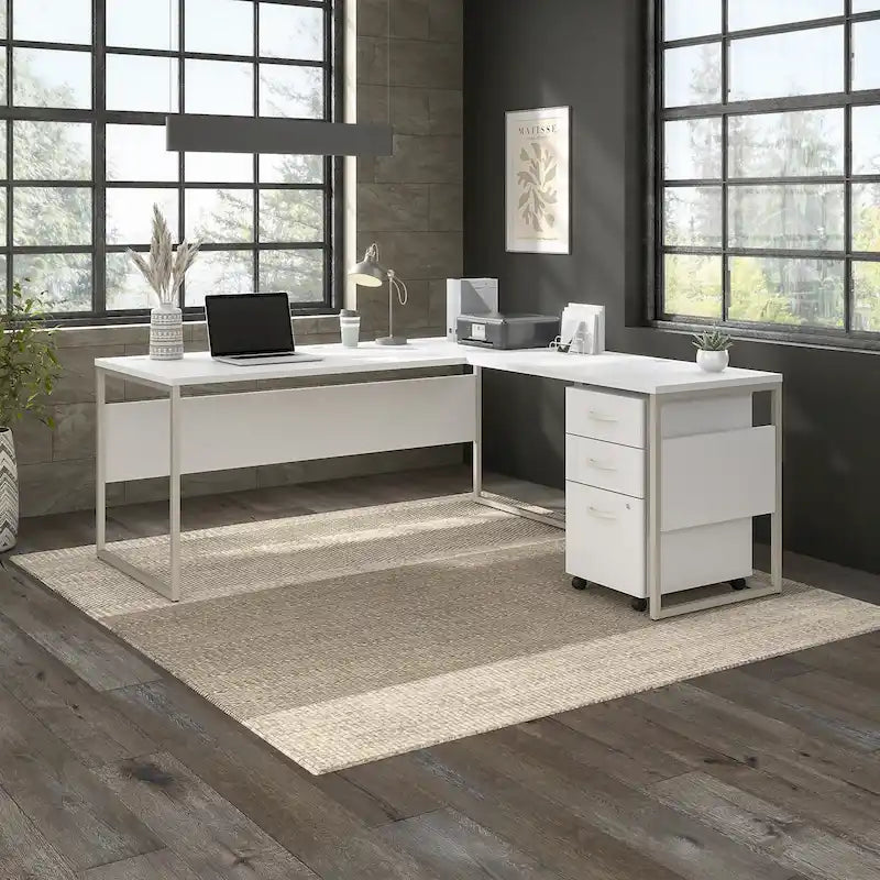 Escritorio en L con archivador de 3 cajones, 72W, 1 persona – Gris platino / Blanco / Gris tormenta / Nogal americano moderno / Nogal negro