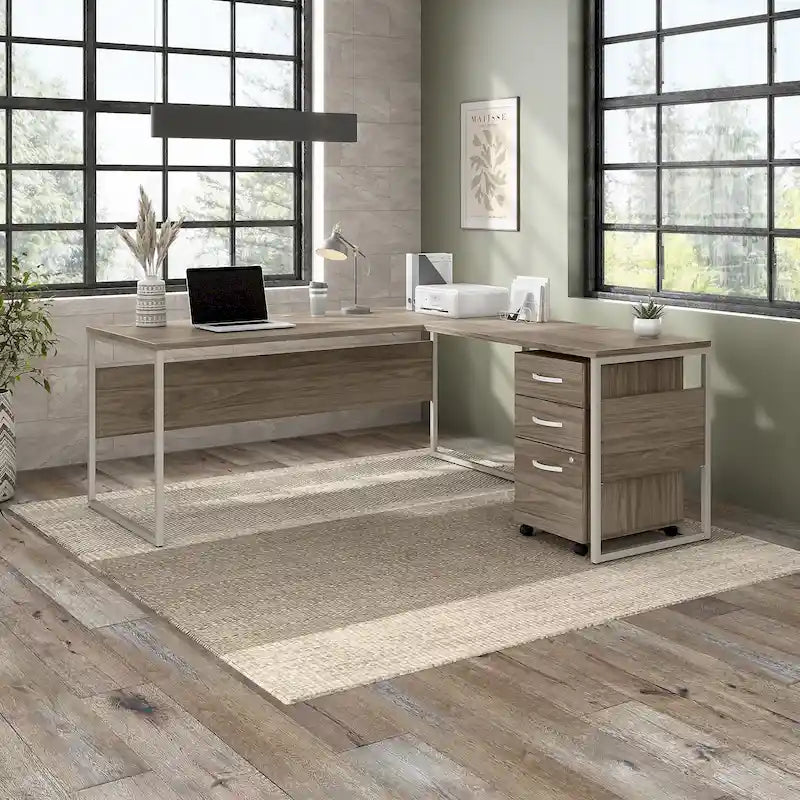 Escritorio en L con archivador de 3 cajones, 72W, 1 persona – Gris platino / Blanco / Gris tormenta / Nogal americano moderno / Nogal negro