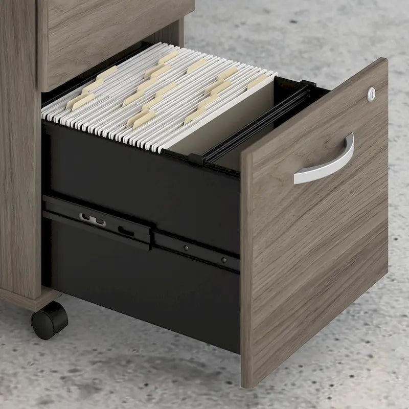 Escritorio en L con archivador de 3 cajones, 72W, 1 persona – Gris platino / Blanco / Gris tormenta / Nogal americano moderno / Nogal negro