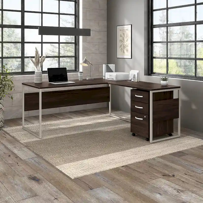 Escritorio en L con archivador de 3 cajones, 72W, 1 persona – Gris platino / Blanco / Gris tormenta / Nogal americano moderno / Nogal negro