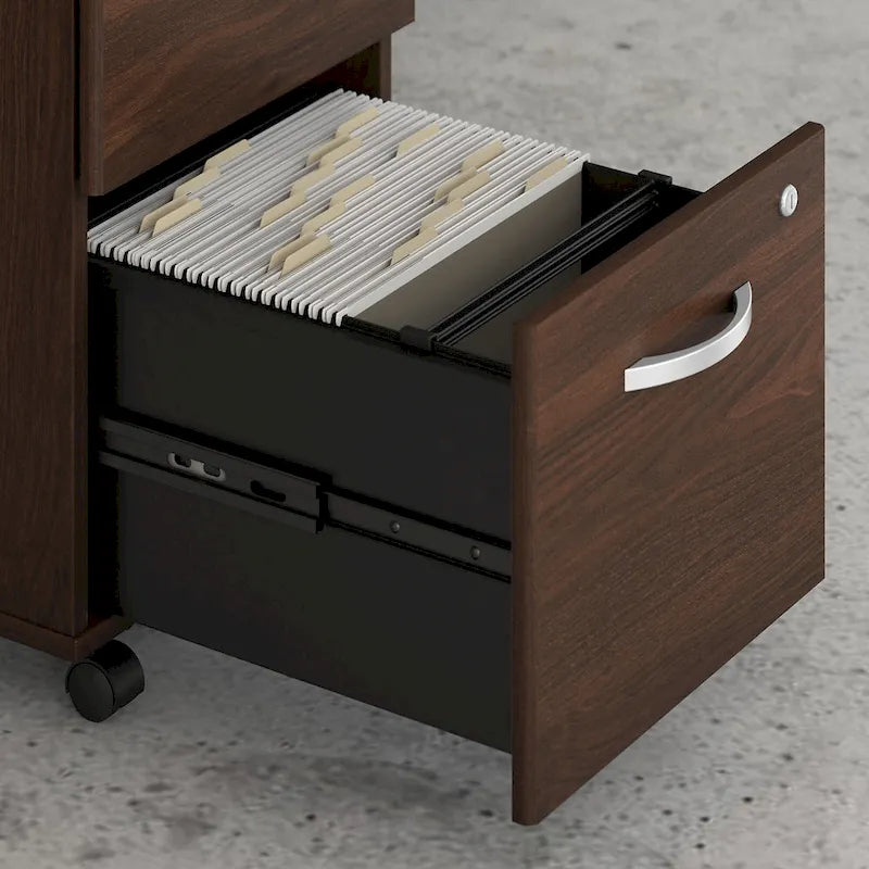 Escritorio en L con archivador de 3 cajones, 72W, 1 persona – Gris platino / Blanco / Gris tormenta / Nogal americano moderno / Nogal negro