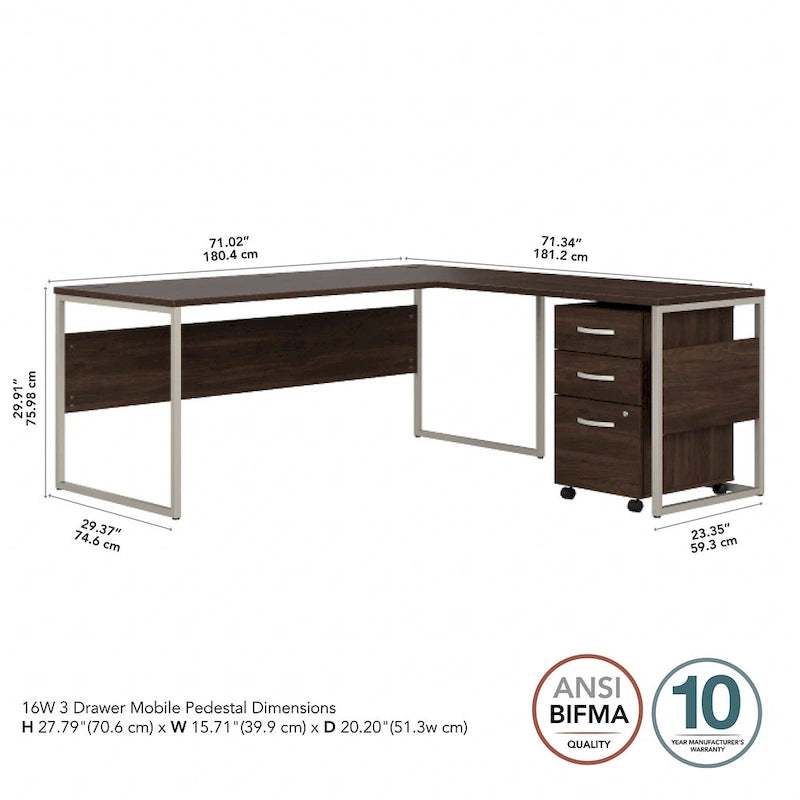 Escritorio en L con archivador de 3 cajones, 72W, 1 persona – Gris platino / Blanco / Gris tormenta / Nogal americano moderno / Nogal negro