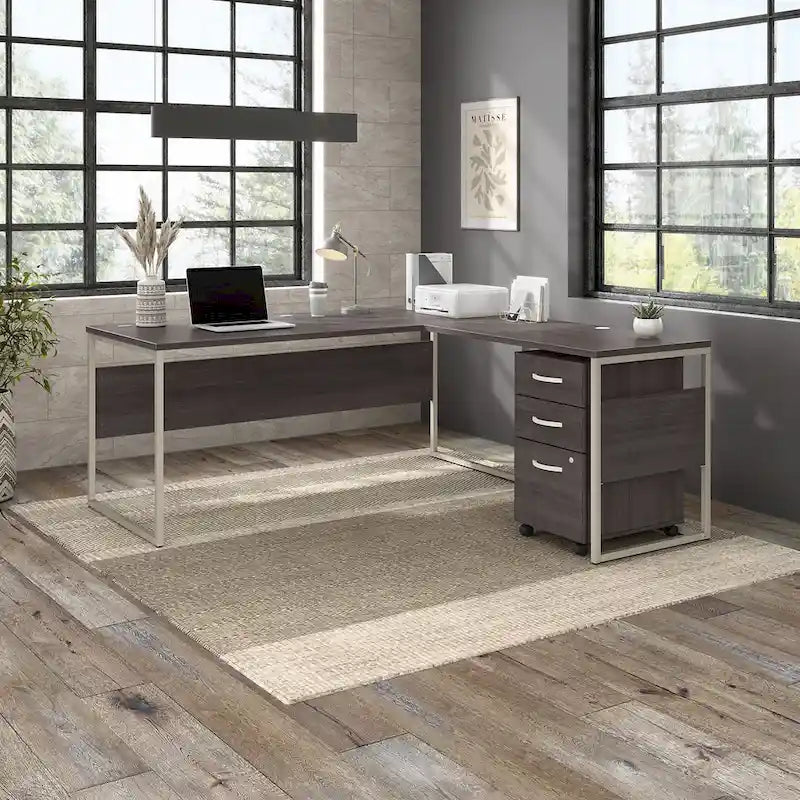 Escritorio en L con archivador de 3 cajones, 72W, 1 persona – Gris platino / Blanco / Gris tormenta / Nogal americano moderno / Nogal negro