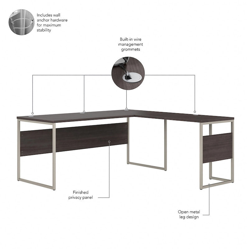 Escritorio en L con archivador de 3 cajones, 72W, 1 persona – Gris platino / Blanco / Gris tormenta / Nogal americano moderno / Nogal negro