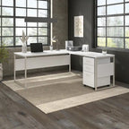 Escritorio en L con archivador de 3 cajones, 72W, 1 persona – Gris platino / Blanco / Gris tormenta / Nogal americano moderno / Nogal negro