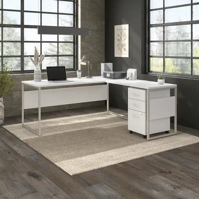 Escritorio en L con archivador de 3 cajones, 72W, 1 persona – Gris platino / Blanco / Gris tormenta / Nogal americano moderno / Nogal negro