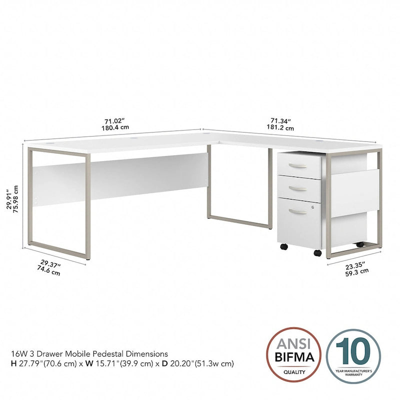 Escritorio en L con archivador de 3 cajones, 72W, 1 persona – Gris platino / Blanco / Gris tormenta / Nogal americano moderno / Nogal negro