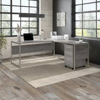 Escritorio en L con archivador de 3 cajones, 72W, 1 persona – Gris platino / Blanco / Gris tormenta / Nogal americano moderno / Nogal negro
