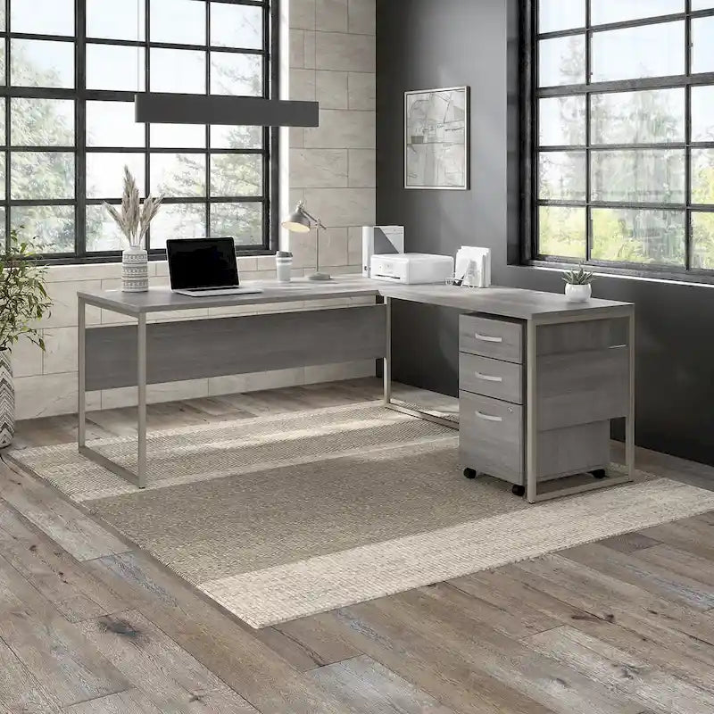 Escritorio en L con archivador de 3 cajones, 72W, 1 persona – Gris platino / Blanco / Gris tormenta / Nogal americano moderno / Nogal negro