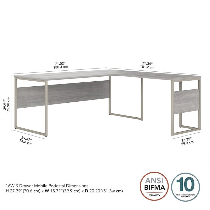 Escritorio en L con archivador de 3 cajones, 72W, 1 persona – Gris platino / Blanco / Gris tormenta / Nogal americano moderno / Nogal negro
