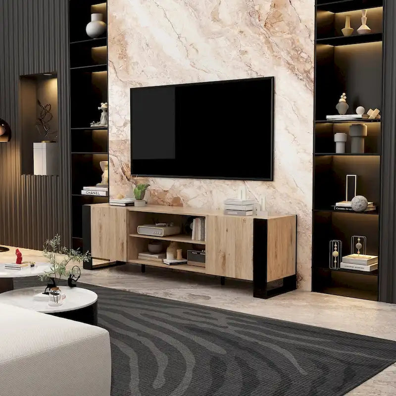 Mueble de TV de madera veteada marrón con chimenea eléctrica opcional, sala de estar para 1 o 2 personas