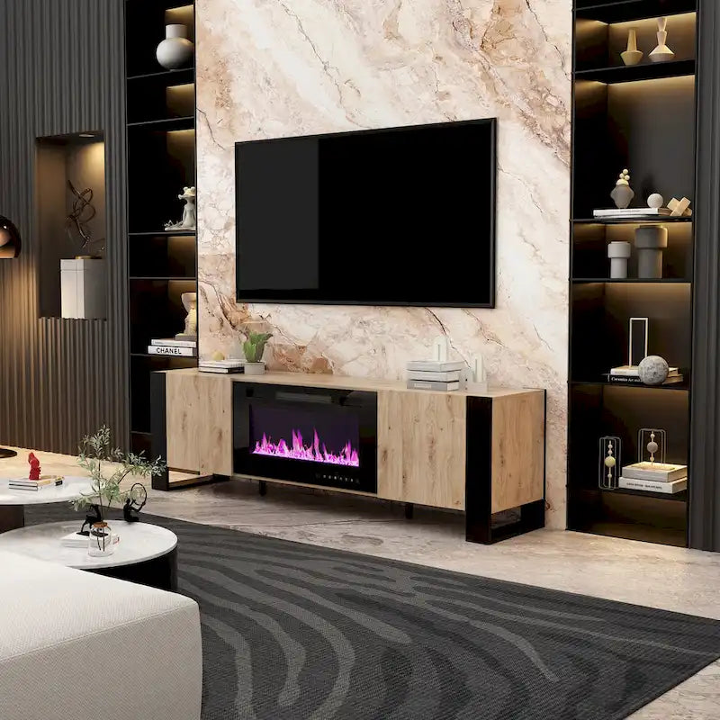Mueble de TV de madera veteada marrón con chimenea eléctrica opcional, sala de estar para 1 o 2 personas