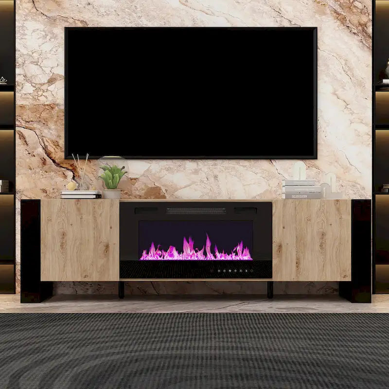 Mueble de TV de madera veteada marrón con chimenea eléctrica opcional, sala de estar para 1 o 2 personas